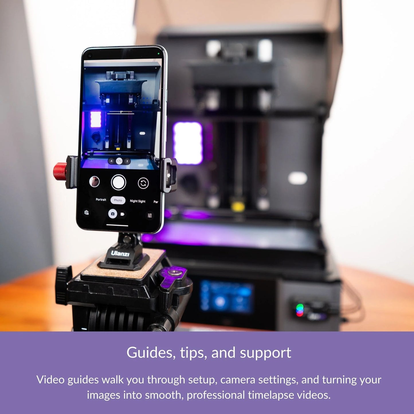 Phone on a tripod filming a resin printer, illustrating timelapse setup with SyncUV.