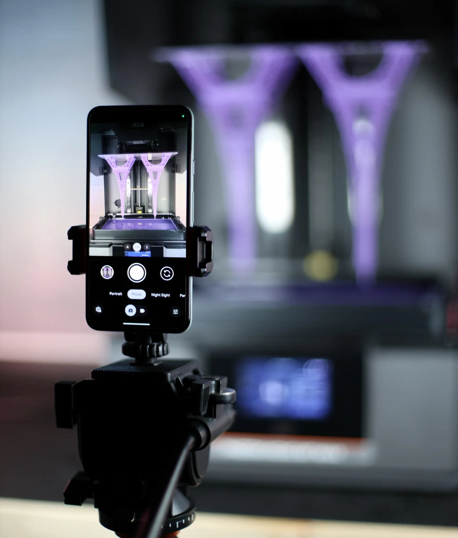 Smartphone recording a resin 3D print timelapse using the SyncUV Hub