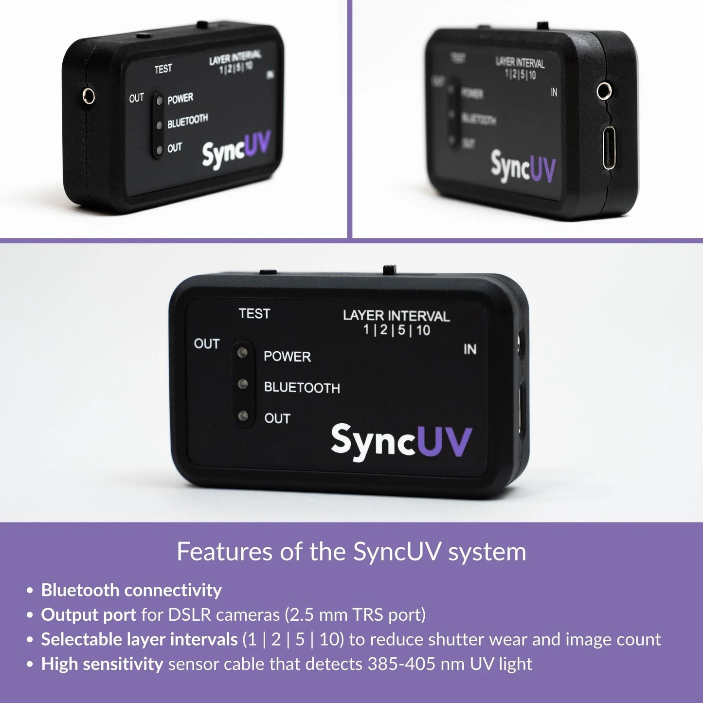 SyncUV Hub device shown from multiple angles, highlighting the controls and ports.