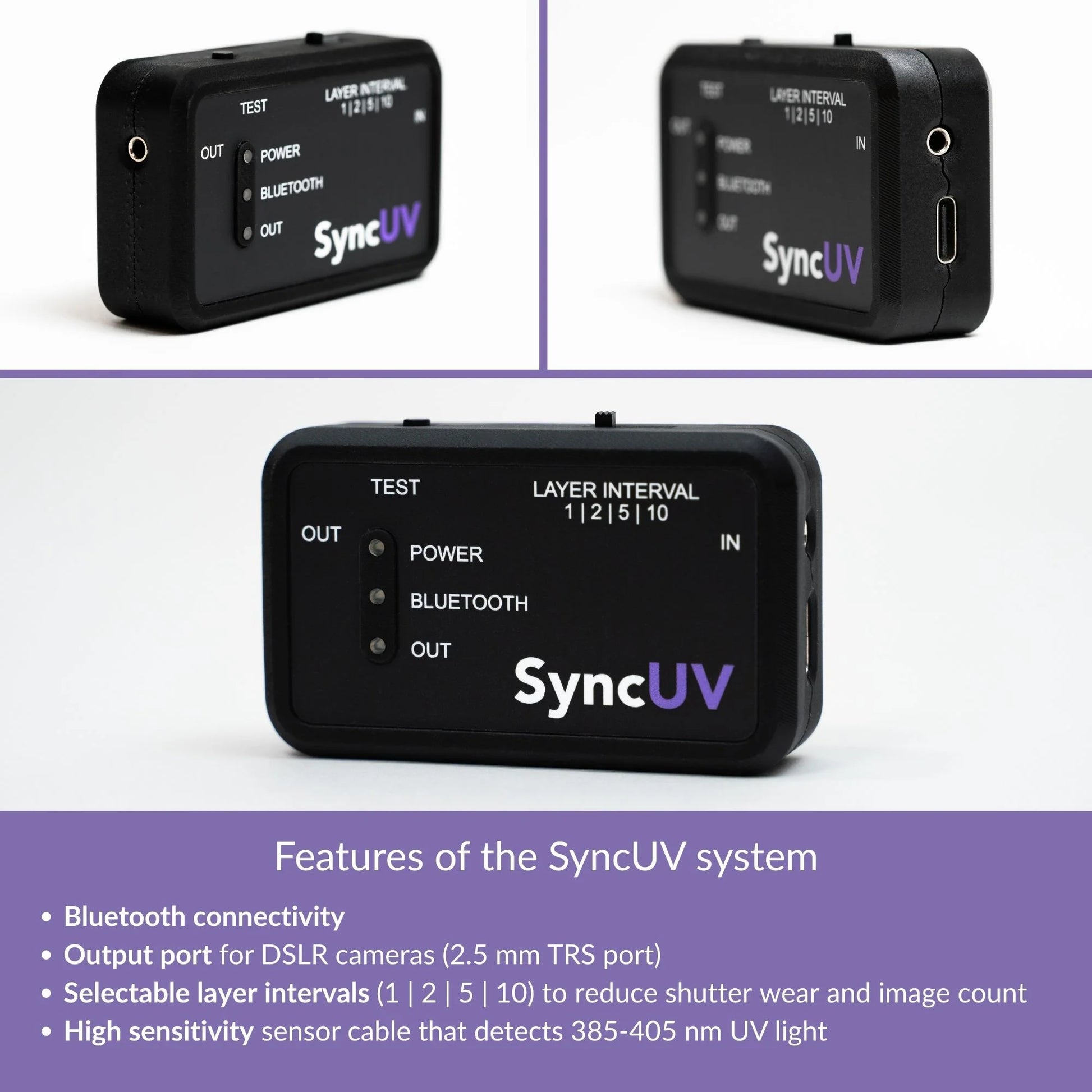 SyncUV Hub device shown from multiple angles, highlighting the controls and ports.