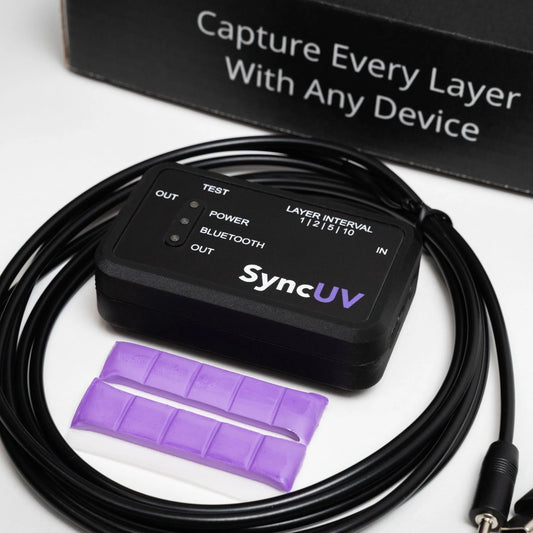 SyncUV Hub controller with cables, shown in front of the SyncUV product box on a white background.