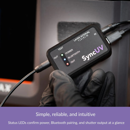 Hand holding the SyncUV Hub connected by cables, with status LEDs lit.