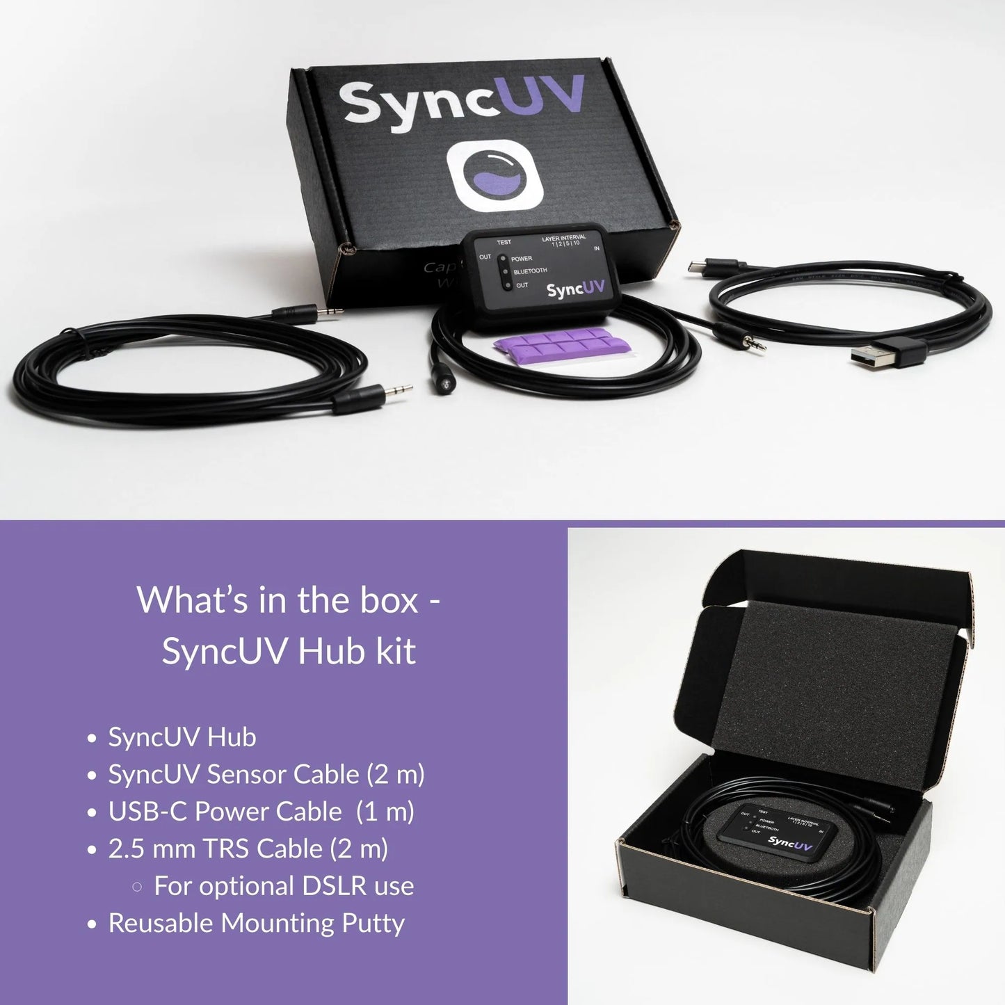 What’s included in the SyncUV Hub kit: hub, sensor cable, TRS cable, USB-C power cable, and packaging.