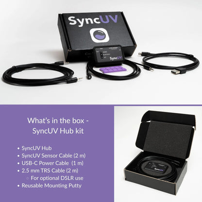 What’s included in the SyncUV Hub kit: hub, sensor cable, TRS cable, USB-C power cable, and packaging.