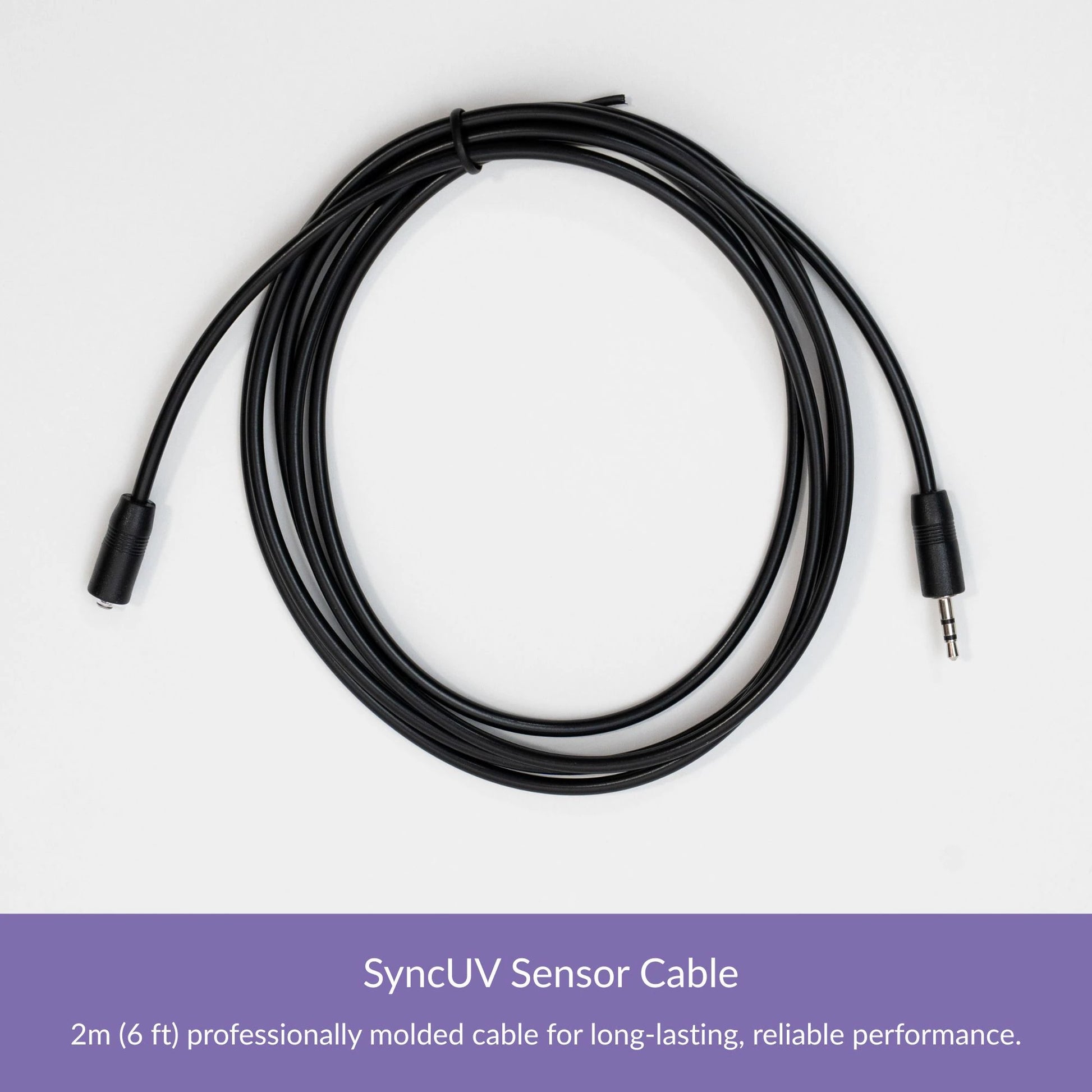 SyncUV Sensor 2 m (6 ft) cable with molded UV sensor head and 2.5 mm TRS connection, coiled on a white background.