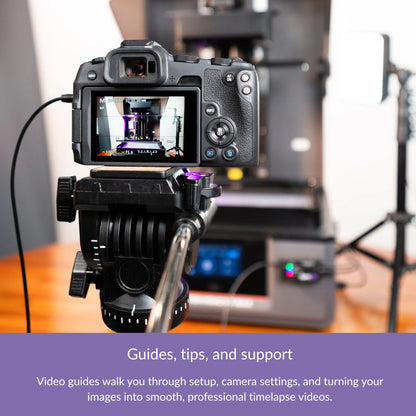 DSLR camera on tripod capturing a resin 3D print timelapse using the SyncUV setup