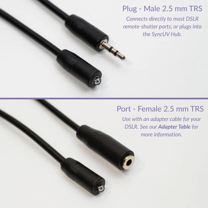 Comparison of SyncUV Sensor cable variants: male 2.5 mm TRS plug vs female 2.5 mm TRS port.